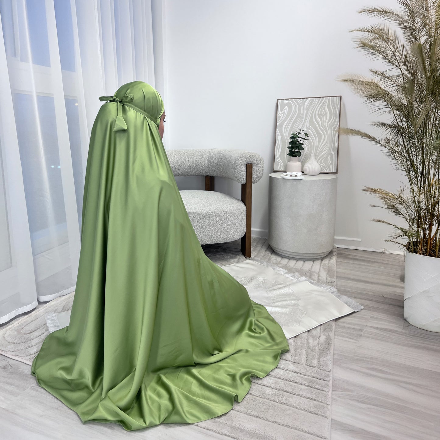 Luxury satin prayer set in olive noor colour worn for salah