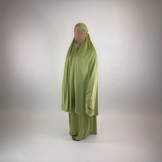 Satin prayer set in sage green with soft sheen