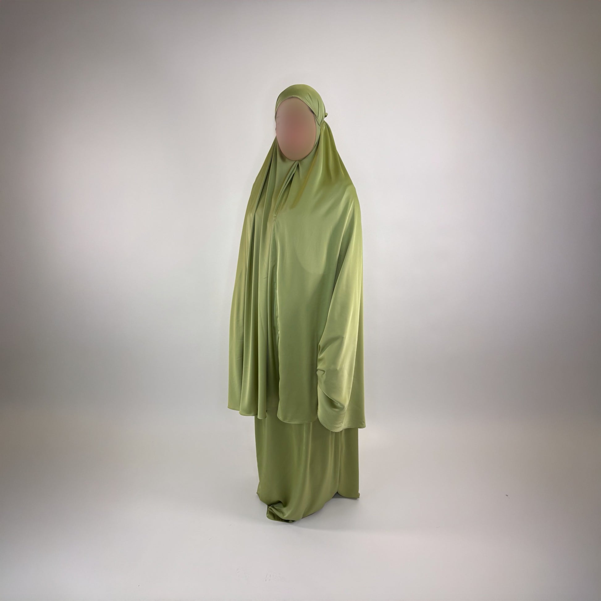 Satin prayer set in sage green with soft sheen